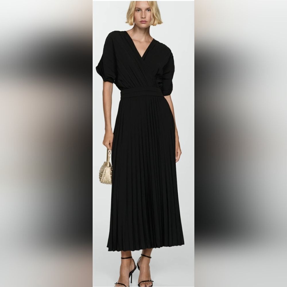 Mango Pleated Faux Wrap Midi Dress NWOT Size 6 Black